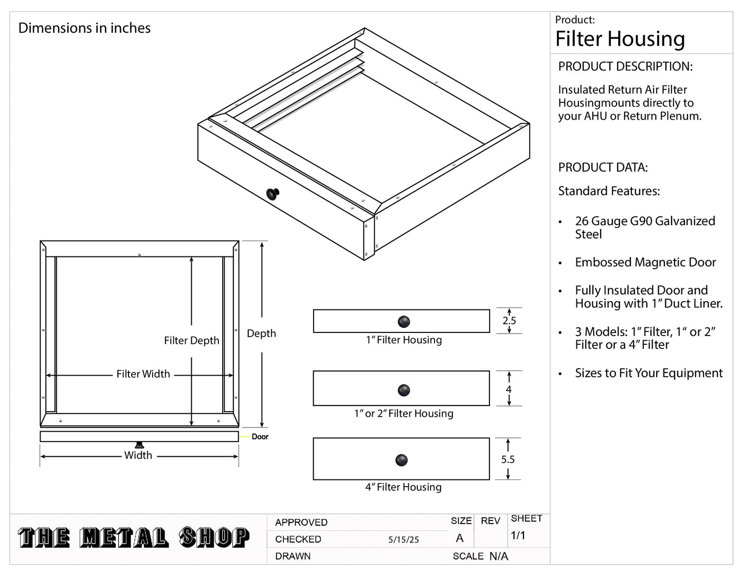 Technical drawing of magnetic door HVAC filter housing dimensions and models