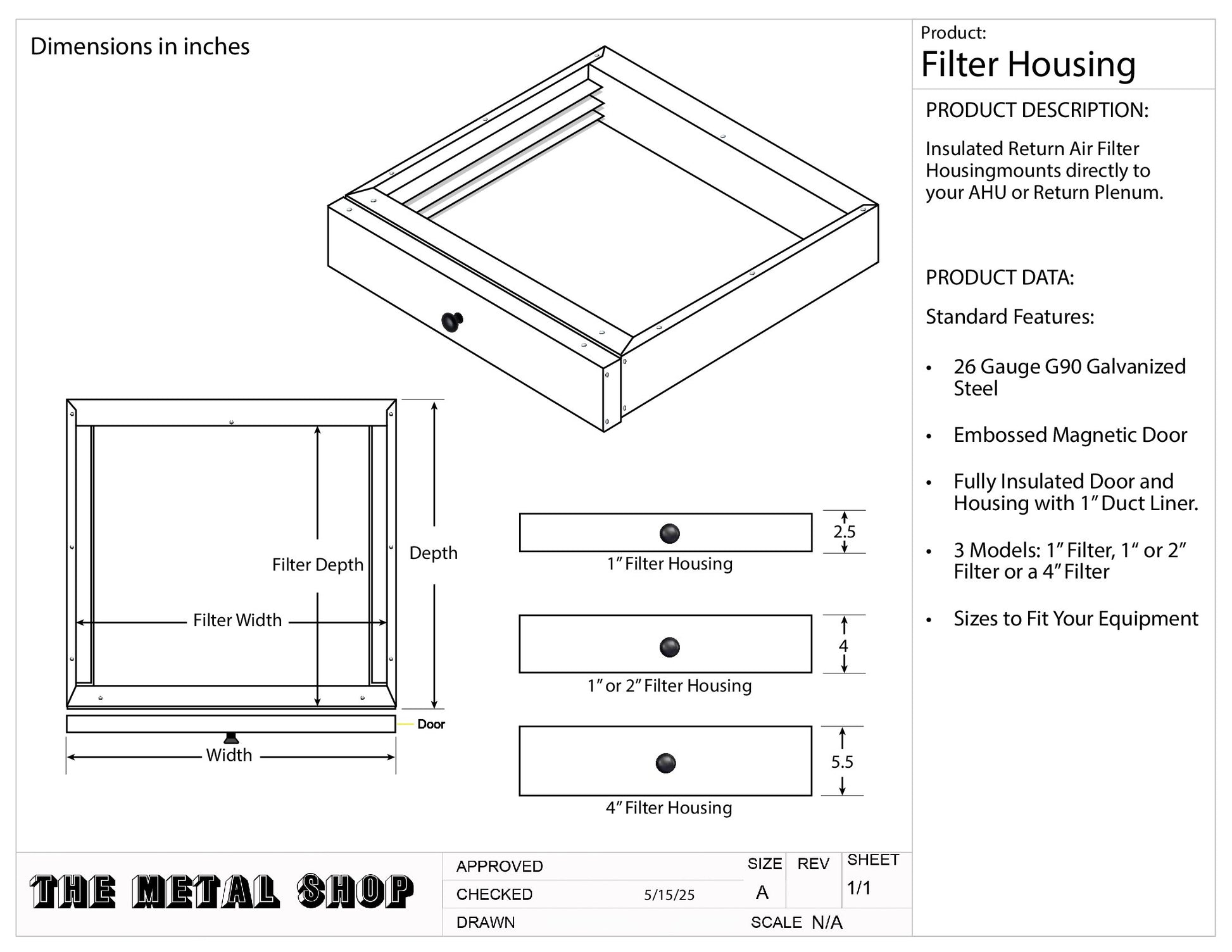 Technical drawing of magnetic door HVAC filter housing dimensions and models