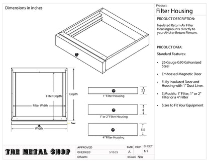 Technical drawing of magnetic door HVAC filter housing dimensions and models