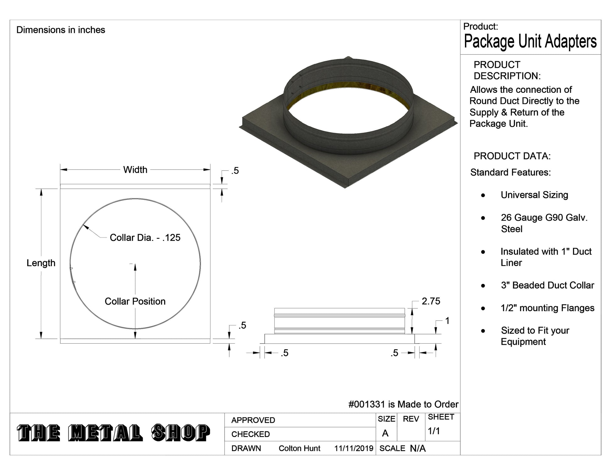 The Metal Shop Flat Square to Round Package Unit Adapter