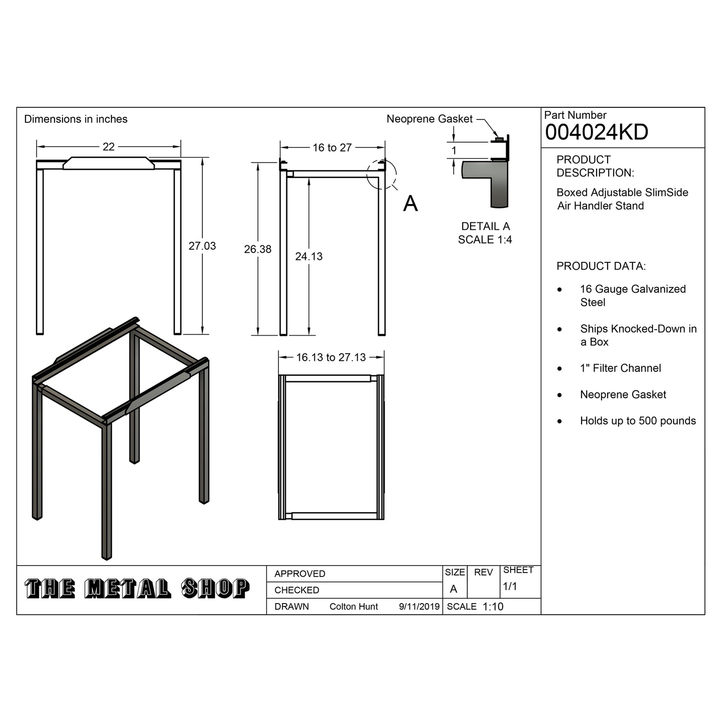 The Metal Shop Air Handler Stand Part Number 004024KD Submittal