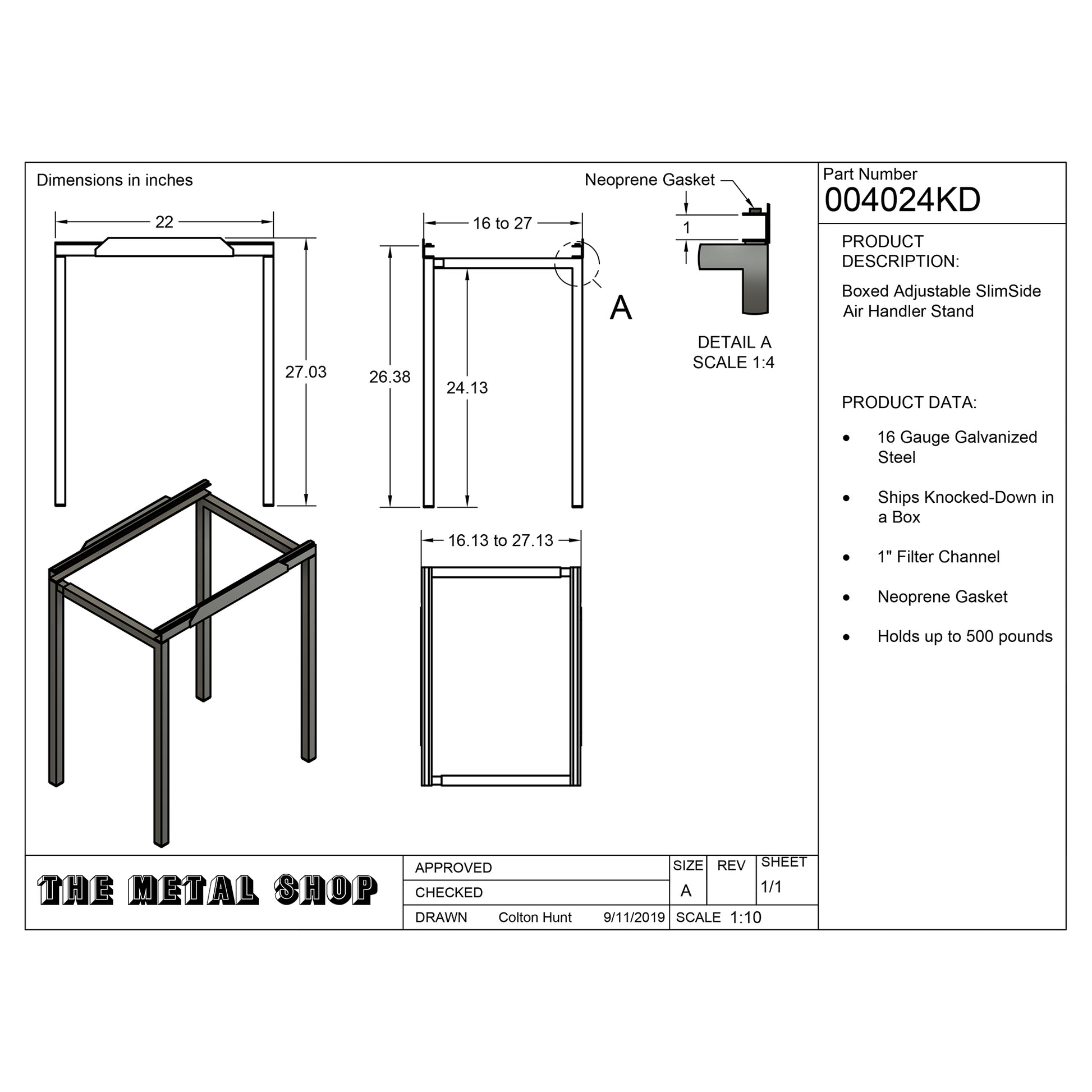 The Metal Shop Air Handler Stand Part Number 004024KD Submittal